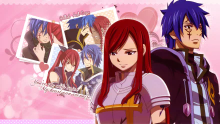 HD anime wallpaper featuring Jellal Fernandes and Erza Scarlet from Fairy Tail, set against a pink background with multiple character images.