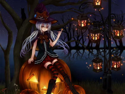 A whimsical anime witch with white hair sits on a jack-o'-lantern, surrounded by glowing lanterns in a moonlit night, creating an enchanting Halloween atmosphere.