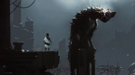 HD wallpaper featuring The Last Guardian's mystical creature Trico and the young boy protagonist in a dark, atmospheric setting.