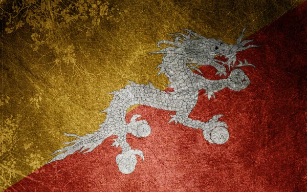 HD PC desktop wallpaper featuring the textured flag of Bhutan with its iconic white dragon on a split yellow and orange background.