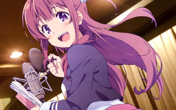 Anime Girlish Number girl with long pink hair smiling into a studio microphone, vibrant 4K Ultra HD PC desktop wallpaper background.