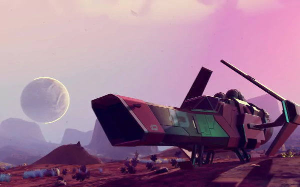 A detailed spaceship from the video game No Man's Sky rests on an alien planet under a pink sky with distant moons, showcased in 4K Ultra HD.