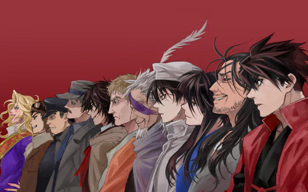 HD anime desktop wallpaper featuring the main characters from Drifters lined up against a dark red background.