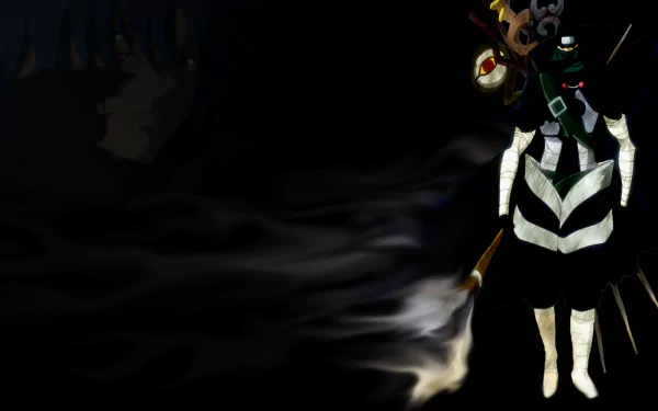 HD wallpaper featuring Mystogan from the anime Fairy Tail, surrounded by an atmospheric dark background with wisps of smoke, creating a mysterious vibe.