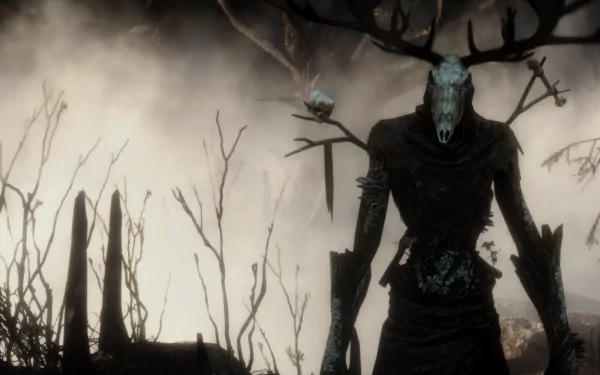 4K Ultra HD PC desktop wallpaper featuring a dark, eerie creature with a stag skull helmet from the video game The Witcher 3: Wild Hunt.