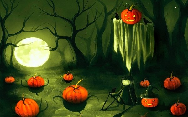 Holiday Halloween Pumpkin Little Girl Moon Tree HD Wallpaper | Background Image