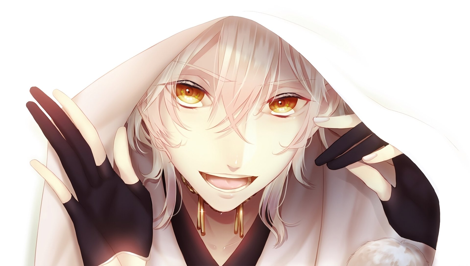 Anime-style HD PC desktop wallpaper depicting a character from Touken Ranbu with white hair, golden eyes, and a playful expression under a hood.