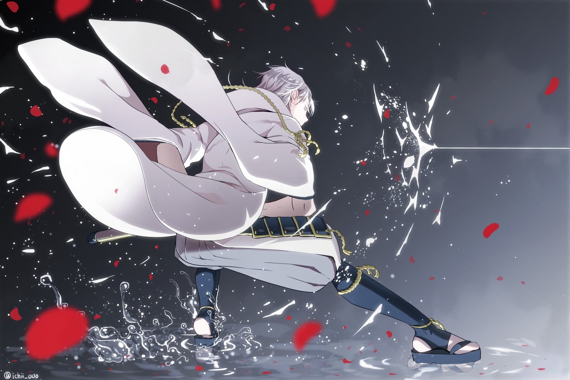 HD anime desktop wallpaper featuring Tsurumaru Kuninaga from Touken Ranbu in dynamic action pose with flowing white coat and red petals scattered around.