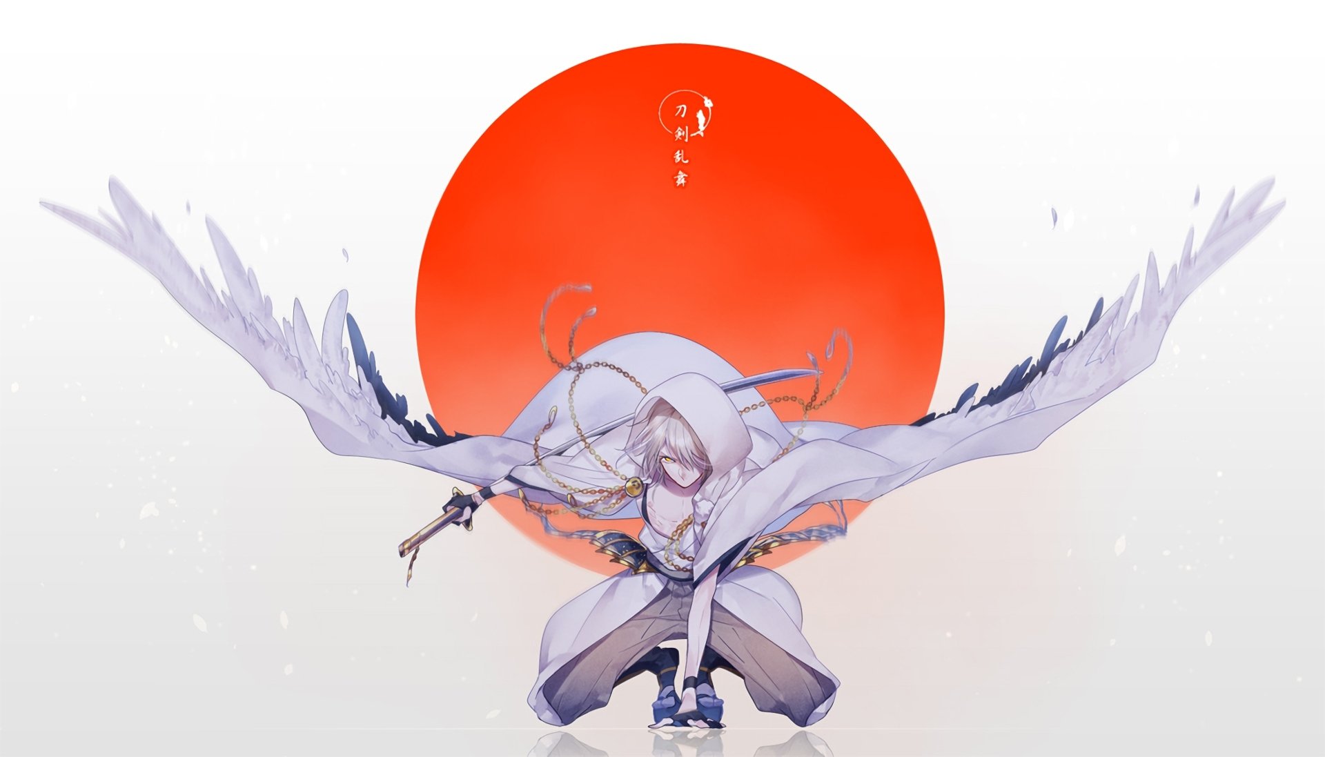 Anime-style Touken Ranbu character crouching with large white wings spread wide against a bold red sun, designed as an HD PC desktop wallpaper and background.
