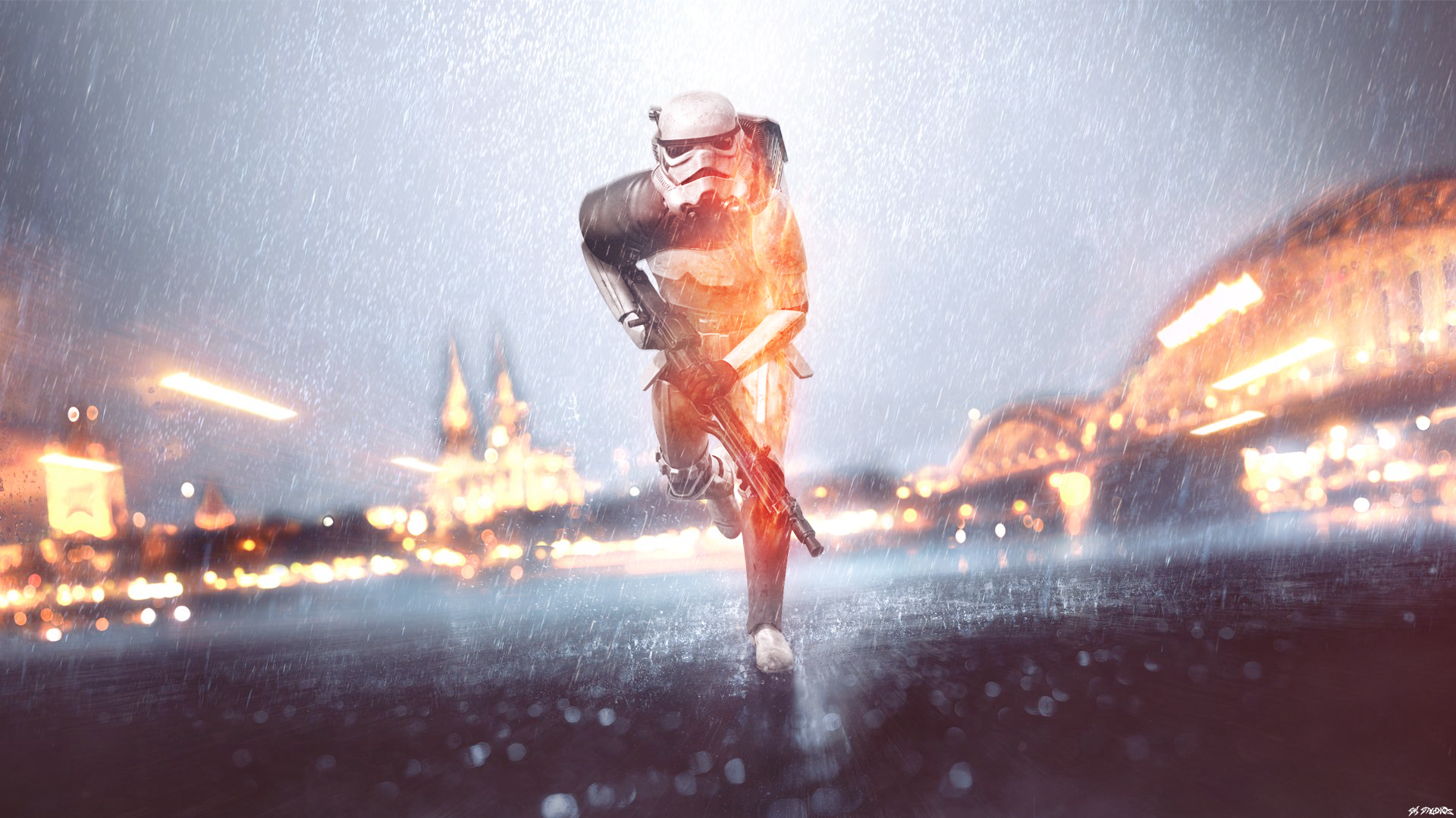 HD PC desktop wallpaper featuring a stormtrooper running through a battlefield, blending Star Wars elements with dynamic video game action and city lights.