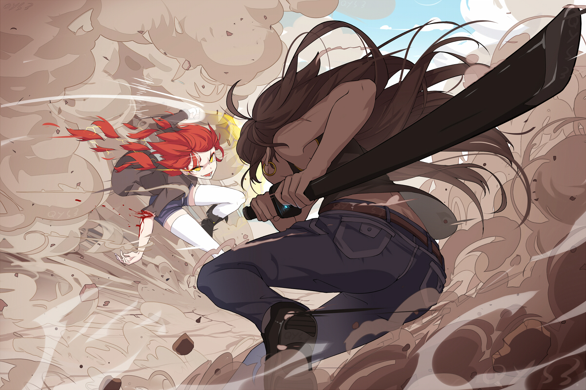 Anime-style HD PC desktop wallpaper from Pixiv Fantasia T, featuring an intense battle between two characters amid swirling dust and dynamic action poses.