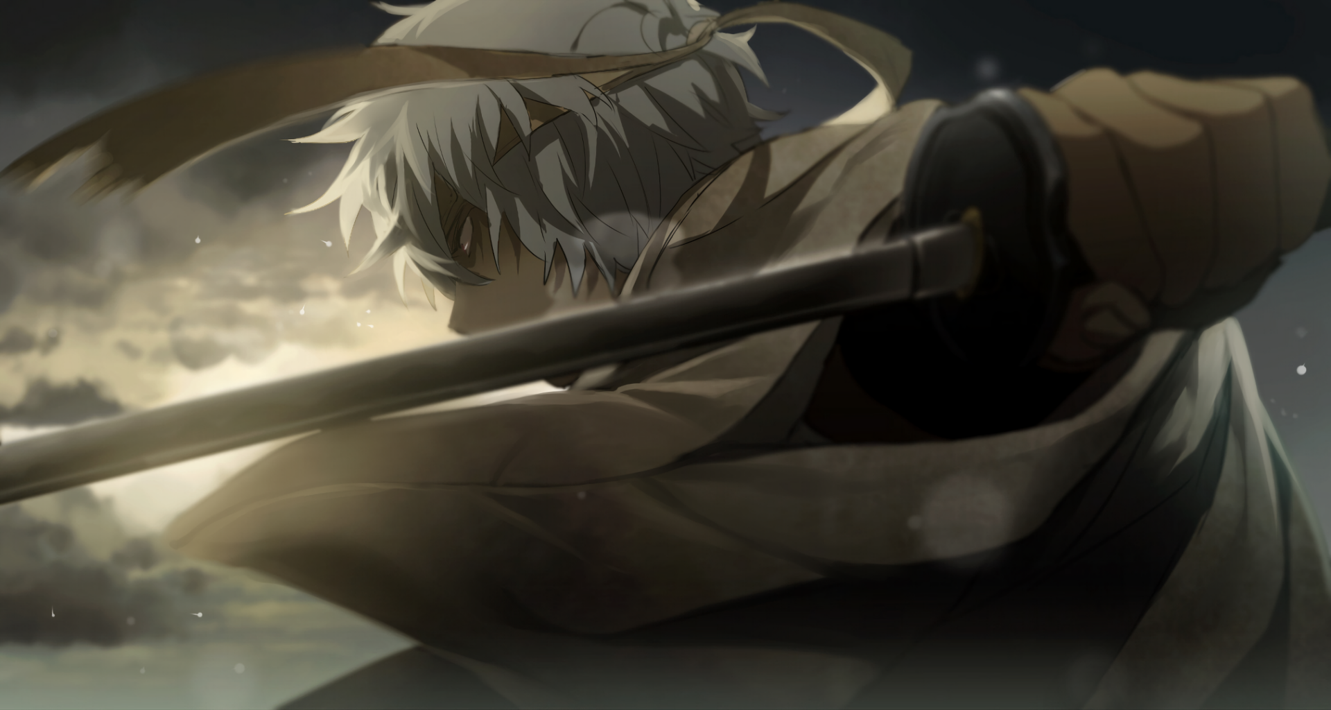 A dynamic HD desktop wallpaper featuring a character from the anime Gintama, shown in an action pose with a sword, set against a dramatic, cloudy background.