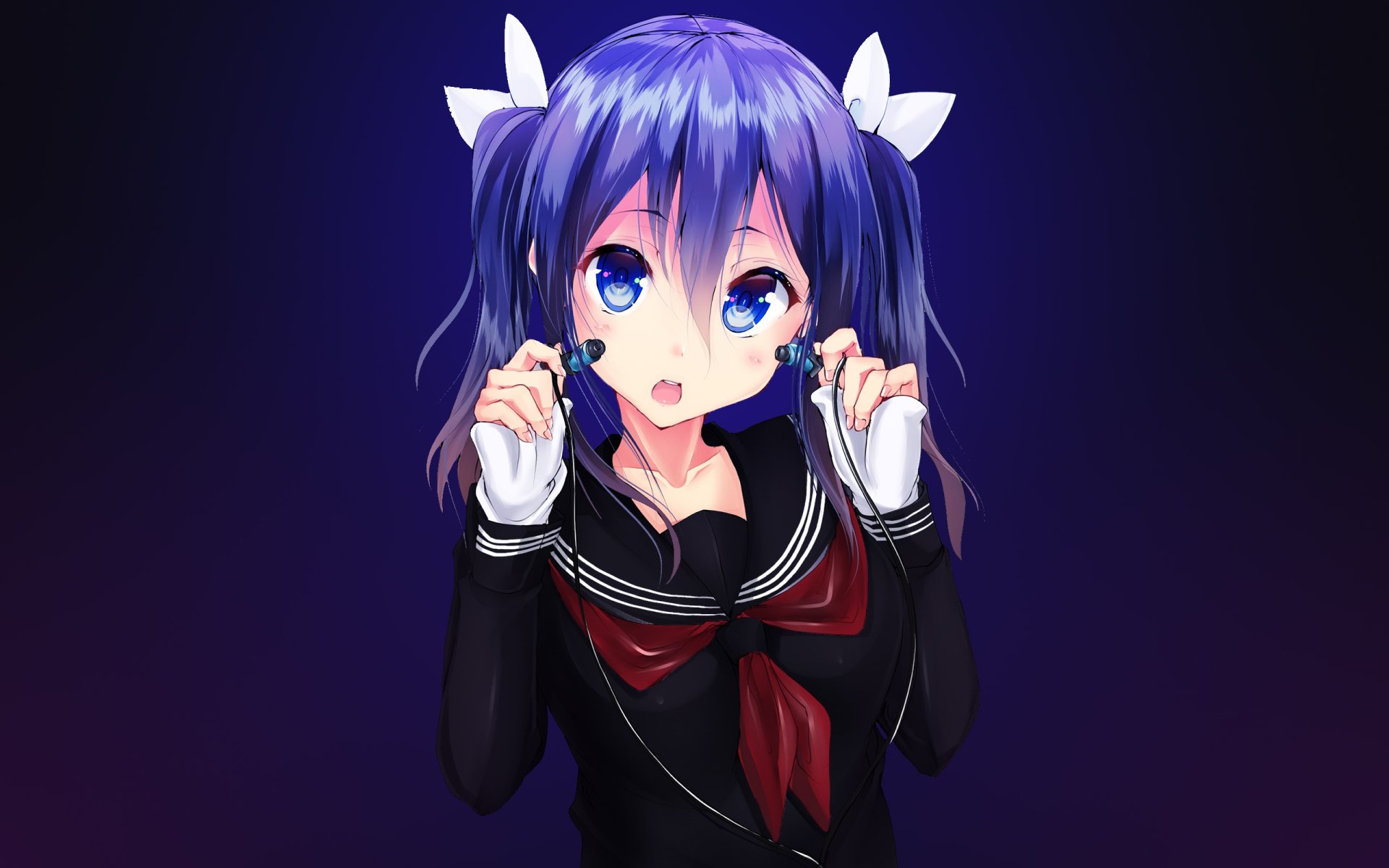 HD anime-style original artwork of a blue-haired girl in a black sailor uniform with white hair ribbons, designed as a PC desktop wallpaper and background.