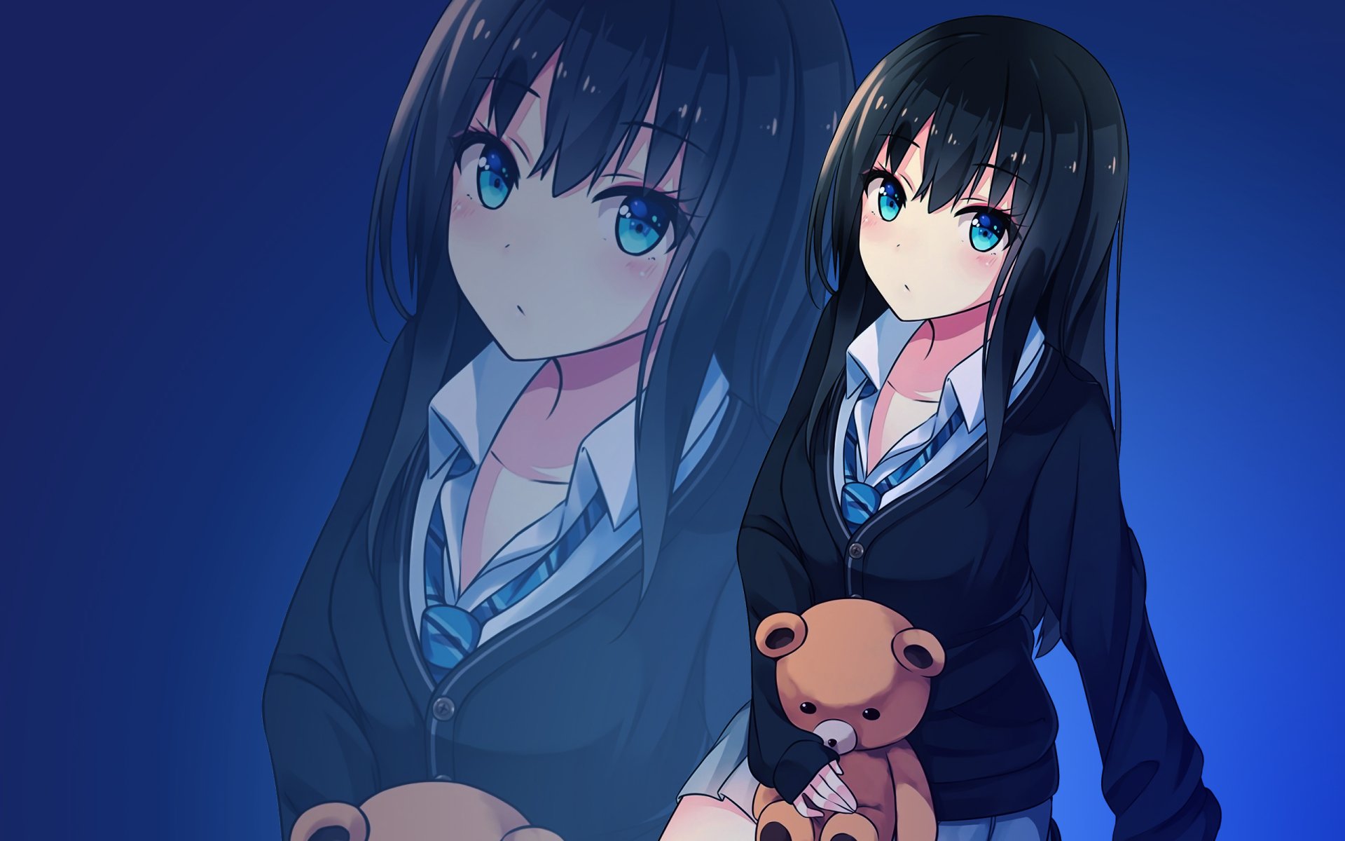 HD anime desktop wallpaper featuring a character from The iDOLM@STER Cinderella Girls holding a teddy bear against a dark blue background.