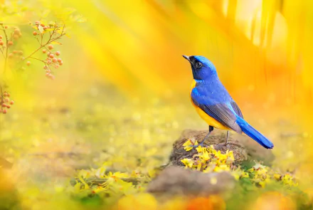 A vibrant blue and yellow flycatcher perched on a rock amidst yellow foliage, captured in HD for a vivid PC desktop wallpaper background.