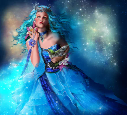 A fantasy-themed HD PC wallpaper depicting a woman with flowing blue hair holding a hummingbird near a glowing flower, surrounded by cosmic light and vibrant colors.