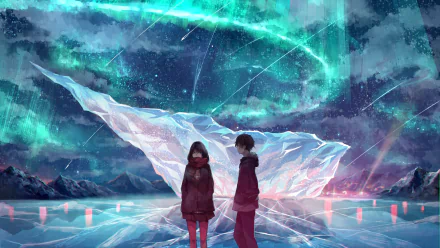 An HD anime wallpaper featuring two characters standing on a frozen landscape under a vibrant aurora borealis, with a mystical ice formation in the background.