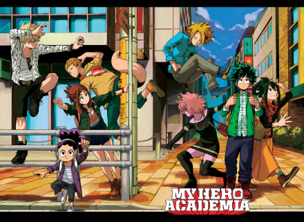 HD wallpaper featuring characters from My Hero Academia: Tsuyu Asui, Minoru Mineta, Denki Kaminari, Mashirao Ojiro, Mina Ashido, Katsuki Bakugou, Ochaco Uraraka, and Izuku Midoriya in a city setting.