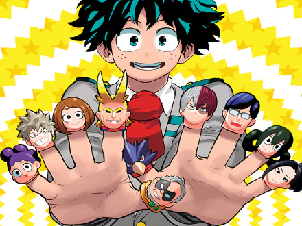 An HD desktop wallpaper featuring characters from My Hero Academia: Izuku Midoriya, Katsuki Bakugou, Momo Yaoyorozu, and others showcased playfully on his hands against a vibrant background.