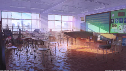 A serene music classroom bathed in warm sunlight, featuring empty chairs and a grand piano, creates a backdrop reflecting themes of love, money, and rock 'n' roll in a video game setting.