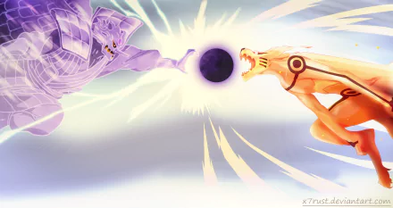 A dynamic HD wallpaper featuring Sasuke Uchiha and Naruto Uzumaki in an epic clash, showcasing Susanoo and the Kyūbi, capturing the essence of Naruto's intense battles.