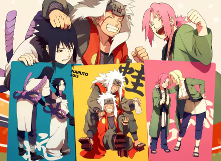 A vibrant HD wallpaper featuring Orochimaru, Sasuke Uchiha, Sakura Haruno, and Jiraiya from Naruto, showcasing their playful interactions and dynamic expressions in an eye-catching design.