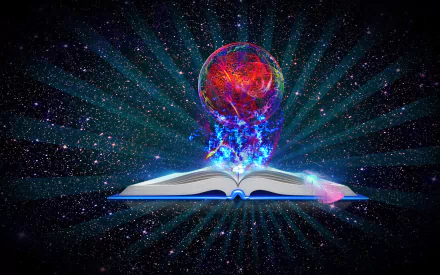 HD desktop wallpaper featuring an artistic glowing sphere of light emerging from an open book, creating a vibrant globe effect against a dark starry background.