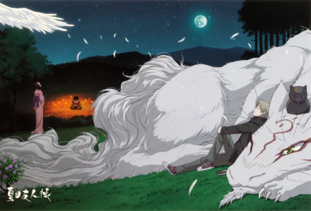 HD PC desktop wallpaper from the anime Natsume Yuujinchou (Natsume's Book of Friends) featuring serene nighttime scene with characters and a large white spirit creature.