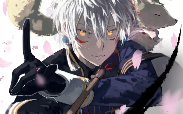 An HD desktop wallpaper featuring a character from Touken Ranbu, depicted with silver hair and striking features, surrounded by falling cherry blossom petals and a dramatic pose.