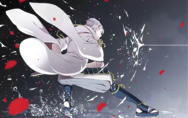 HD anime desktop wallpaper featuring Tsurumaru Kuninaga from Touken Ranbu in dynamic action pose with flowing white coat and red petals scattered around.