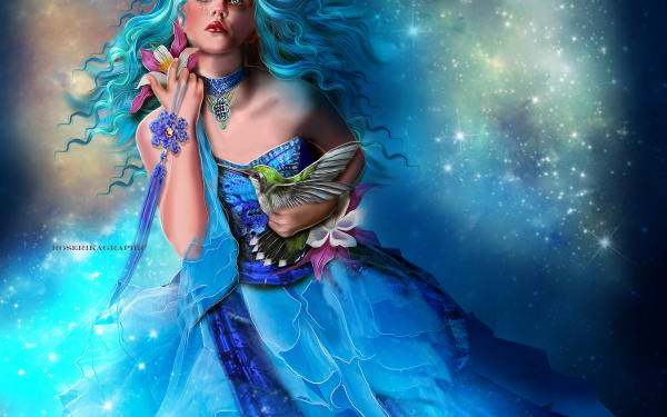 Women Artistic Fantasy Blue Bird Flower Blue Hair Hummingbird HD Wallpaper | Background Image