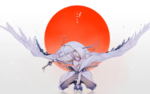 Anime-style Touken Ranbu character crouching with large white wings spread wide against a bold red sun, designed as an HD PC desktop wallpaper and background.