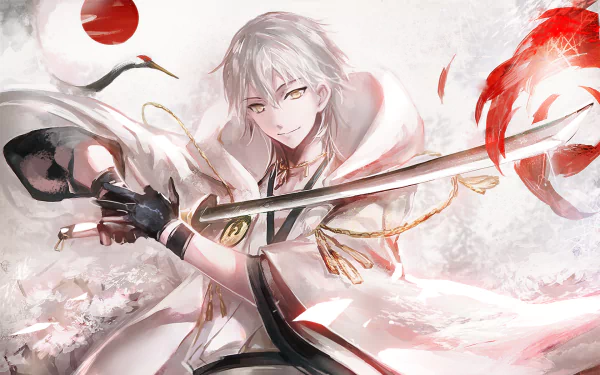 A striking HD anime wallpaper from Touken Ranbu features a character wielding a sword, surrounded by dynamic elements, including cranes and red accents against a light background.