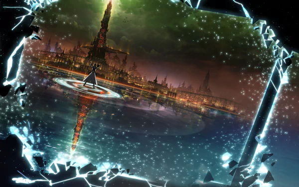 HD desktop wallpaper featuring Kazuto Kirigaya (Kirito) from Sword Art Online: Ordinal Scale, showcasing a dramatic scene with a towering structure and a shattered, abstract frame.