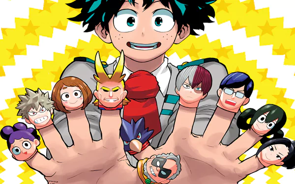 An HD desktop wallpaper featuring characters from My Hero Academia: Izuku Midoriya, Katsuki Bakugou, Momo Yaoyorozu, and others showcased playfully on his hands against a vibrant background.