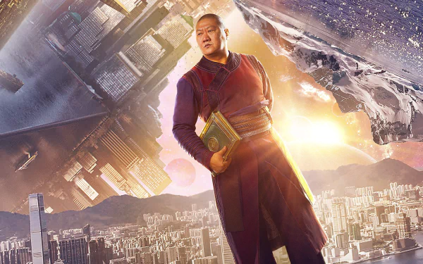 Benedict Wong stars as Wong from Marvel's Doctor Strange, standing confidently amidst a stunning cosmic backdrop over a cityscape, captured in vibrant 4K Ultra HD detail.