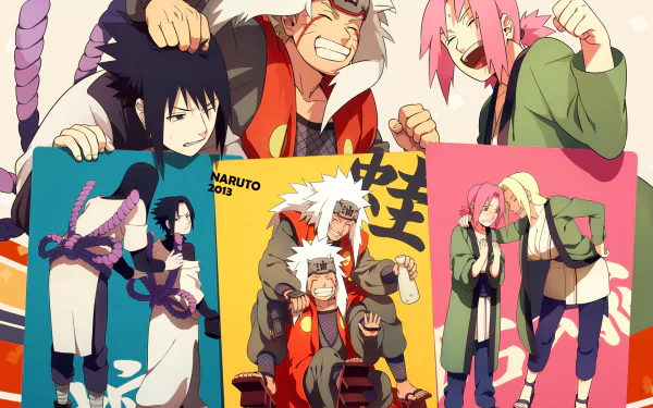 A vibrant HD wallpaper featuring Orochimaru, Sasuke Uchiha, Sakura Haruno, and Jiraiya from Naruto, showcasing their playful interactions and dynamic expressions in an eye-catching design.