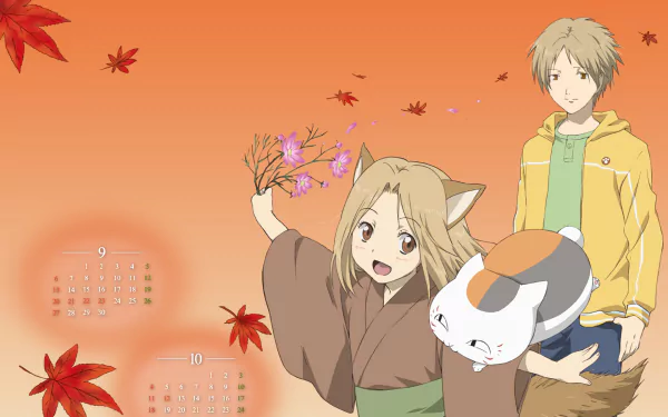 A vibrant desktop wallpaper featuring Natsume Yuujinchou characters against a warm autumn backdrop, showcasing themes of friendship and the supernatural from the beloved anime series.