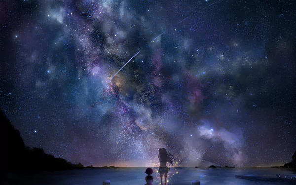 An enchanting anime scene from Kantai Collection, featuring two characters gazing at a starry sky filled with vibrant colors and a shooting star, creating a mesmerizing desktop wallpaper.