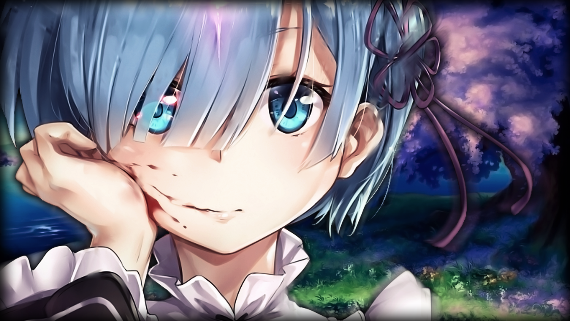 A vibrant HD wallpaper featuring Rem from the anime Re:ZERO - Starting Life in Another World, showcasing her blue hair and expressive eyes against a scenic background.