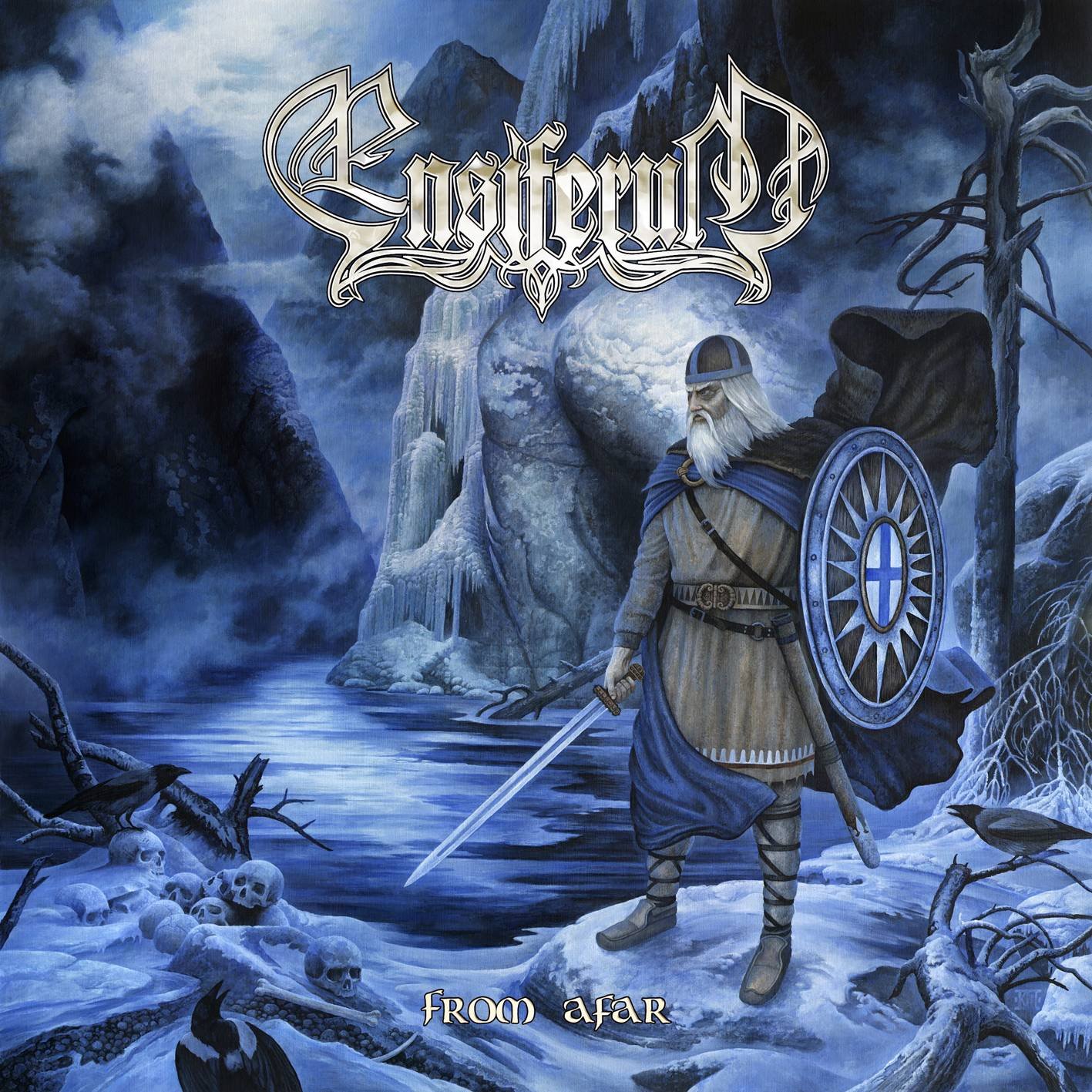 HD desktop wallpaper featuring a fantasy scene with a warrior in Nordic attire standing by a frozen lake, surrounded by snow-covered landscapes. The word Ensiferum is prominently displayed at the top.