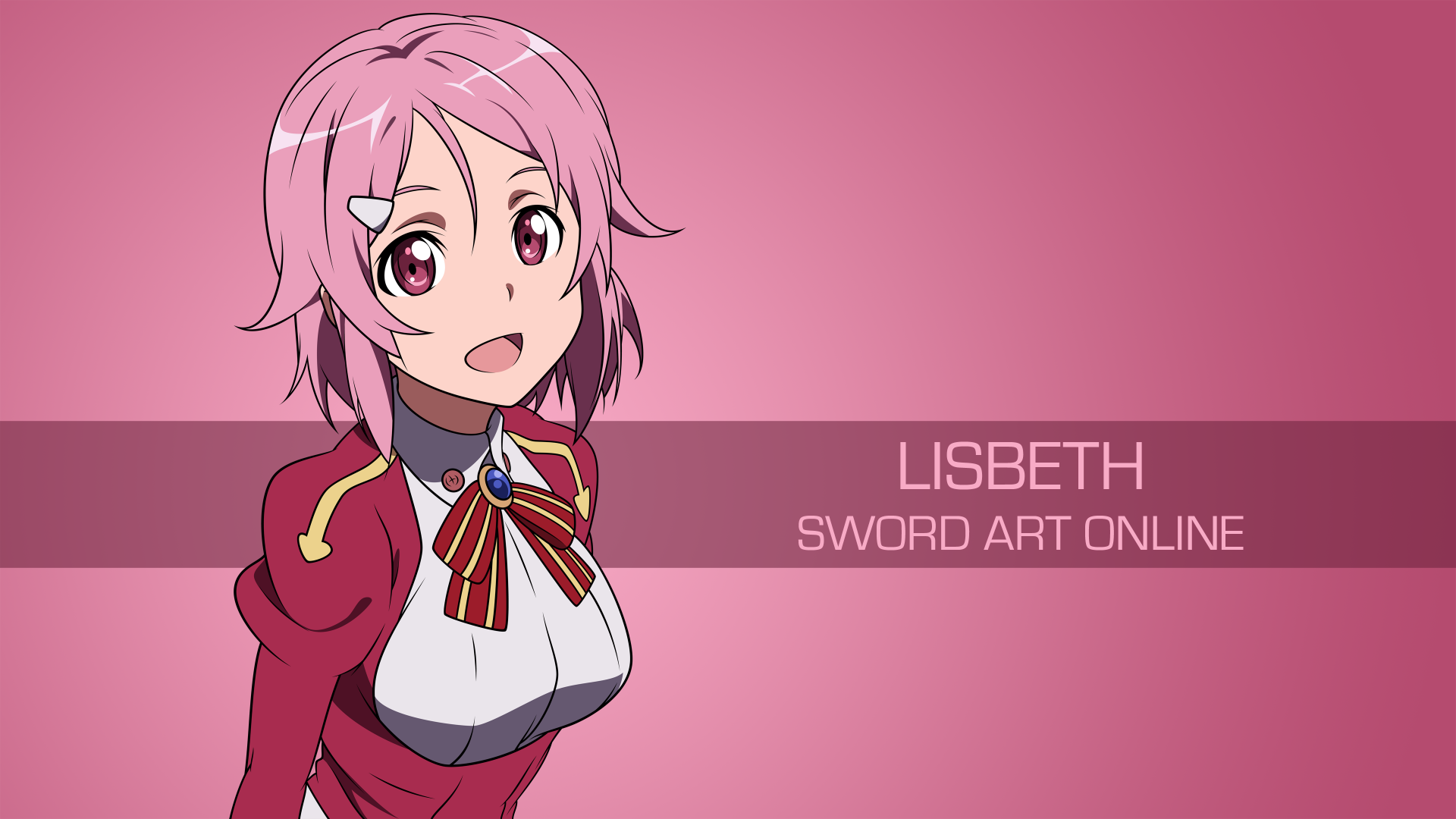 Rika Shinozaki, known as Lisbeth from Sword Art Online, smiles in a vibrant pink background. This 4K Ultra HD wallpaper captures her lively character in stunning detail.
