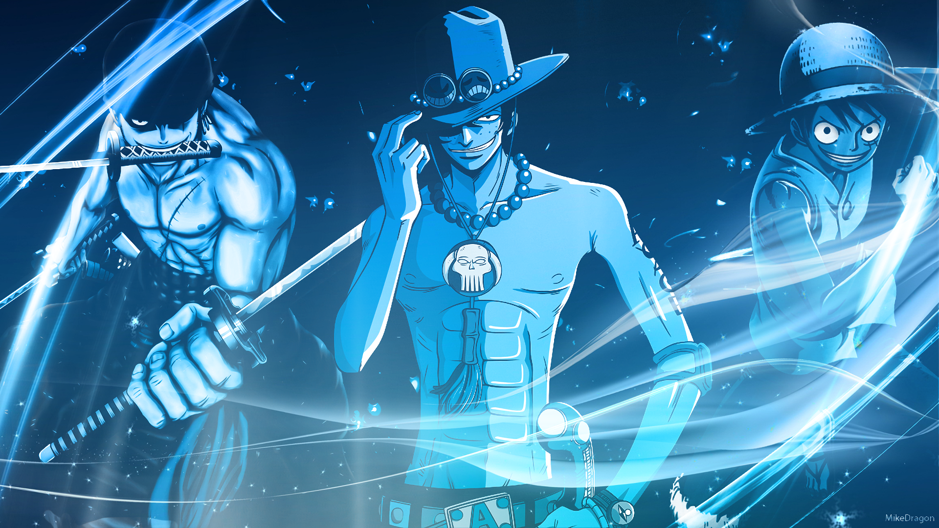 An HD PC desktop wallpaper features characters from the anime One Piece, showcasing vibrant blue tones and dynamic poses that capture the adventurous spirit of the series.