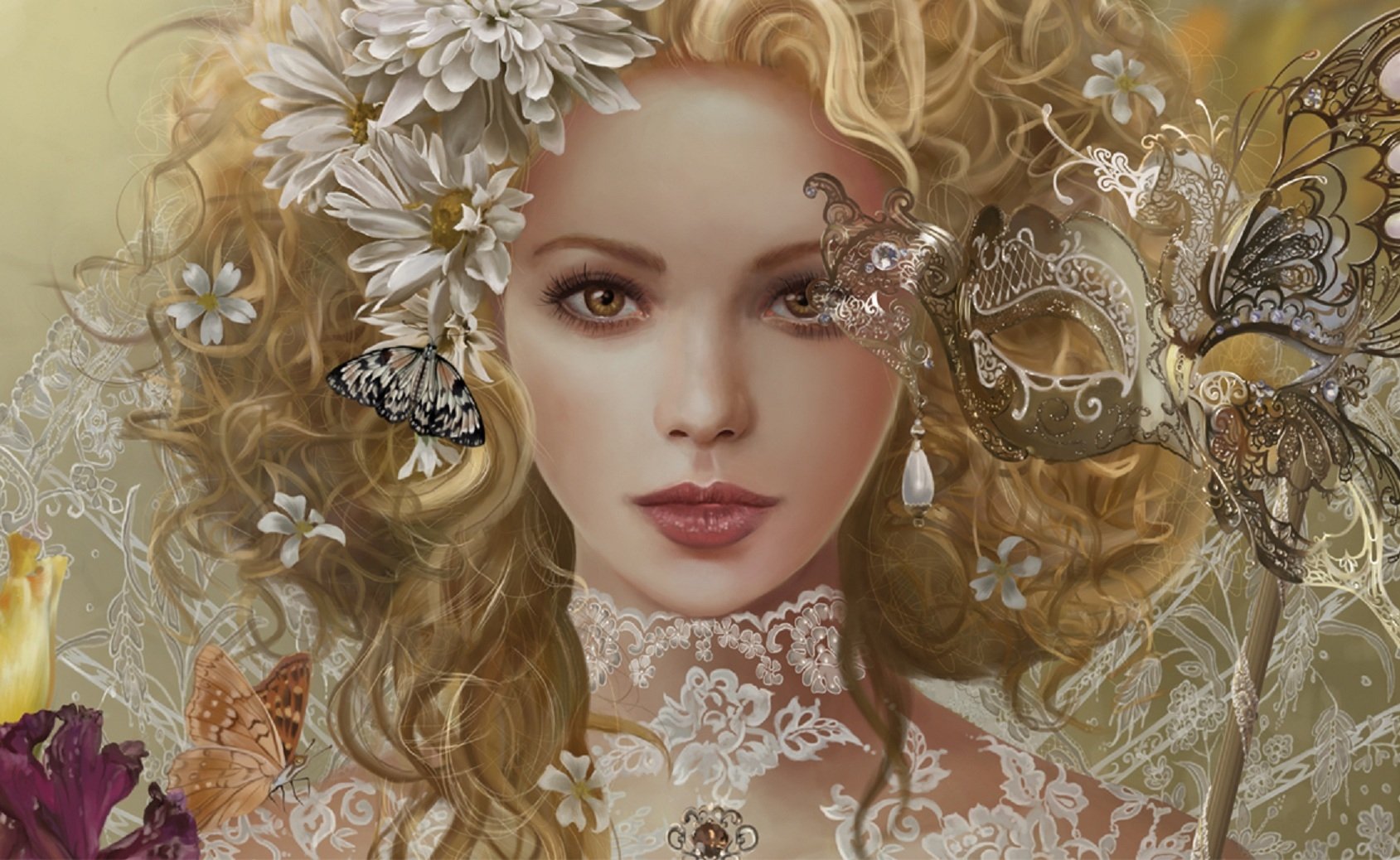 A fantasy-themed HD wallpaper featuring a woman with blonde hair and brown eyes, adorned with flowers and butterflies against a soft, ethereal background.