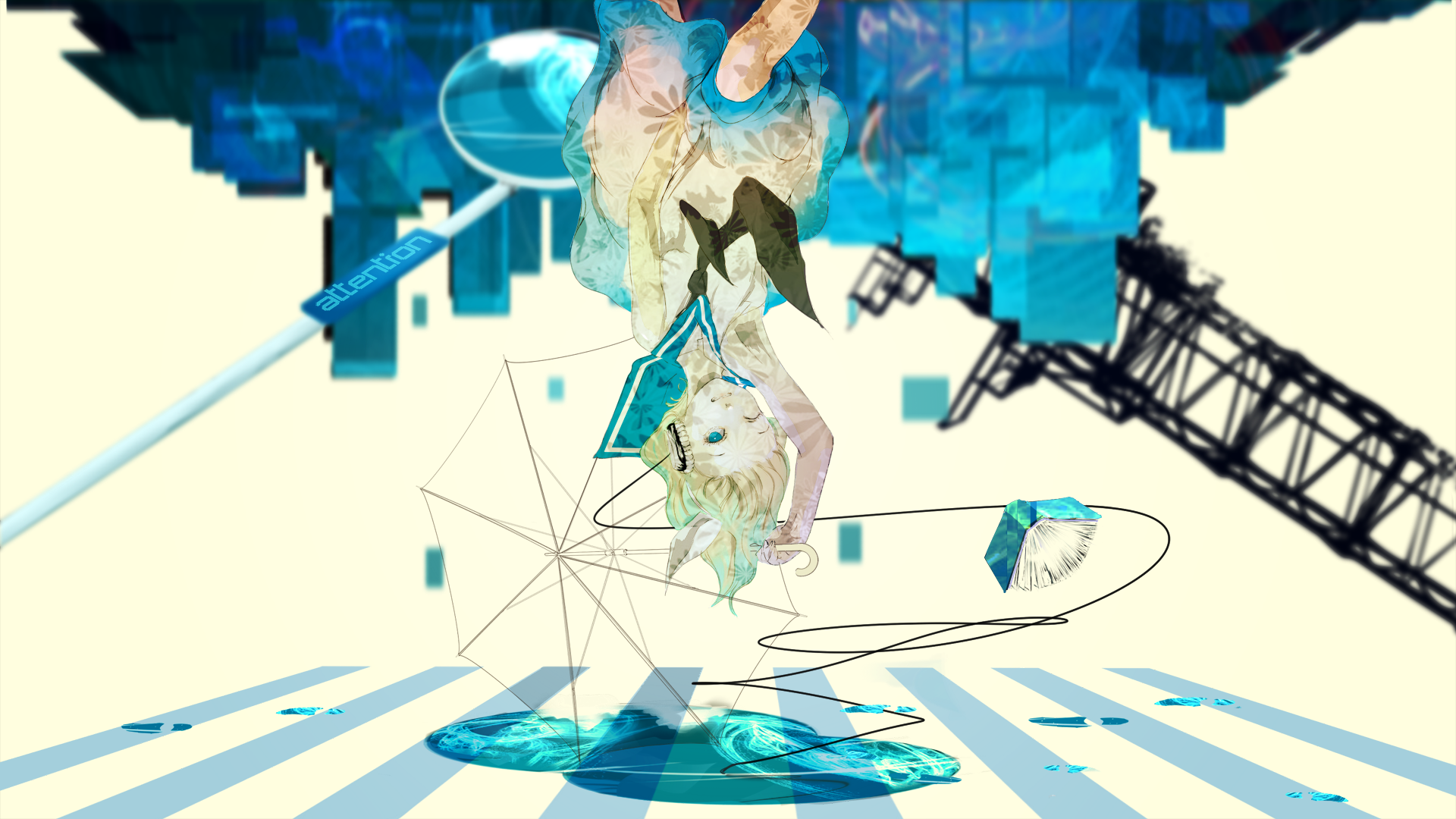 HD PC desktop wallpaper featuring Rin Kagamine from Vocaloid in a dynamic pose with abstract blue and white geometric background elements.