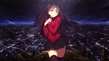 Rin Tohsaka from Fate/Stay Night stands against a stunning night skyline, exuding confidence in a red outfit. This HD image serves as an engaging desktop wallpaper.