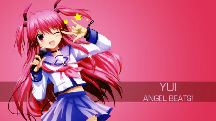 Anime Angel Beats! 4K Ultra HD PC desktop wallpaper: Yui, pink-haired schoolgirl winking and singing into a microphone with star accents on a pink background.