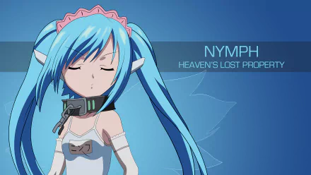 4K Ultra HD wallpaper featuring Nymph from Heaven's Lost Property (Sora No Otoshimono), showcasing her distinct blue hair and character design against a simple background.