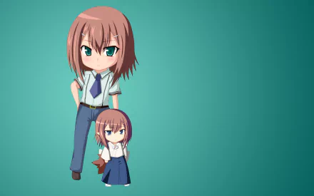 HD anime desktop wallpaper featuring two chibi-style characters from Baka and Test against a teal background.