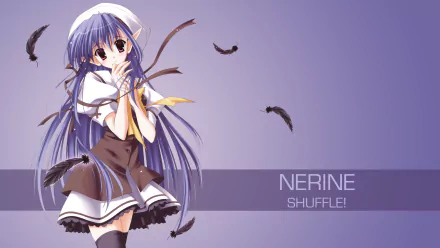 Nerine from Shuffle! anime in a sailor-style outfit with long purple hair and falling black feathers on a lavender gradient — 4K Ultra HD PC desktop wallpaper/background.